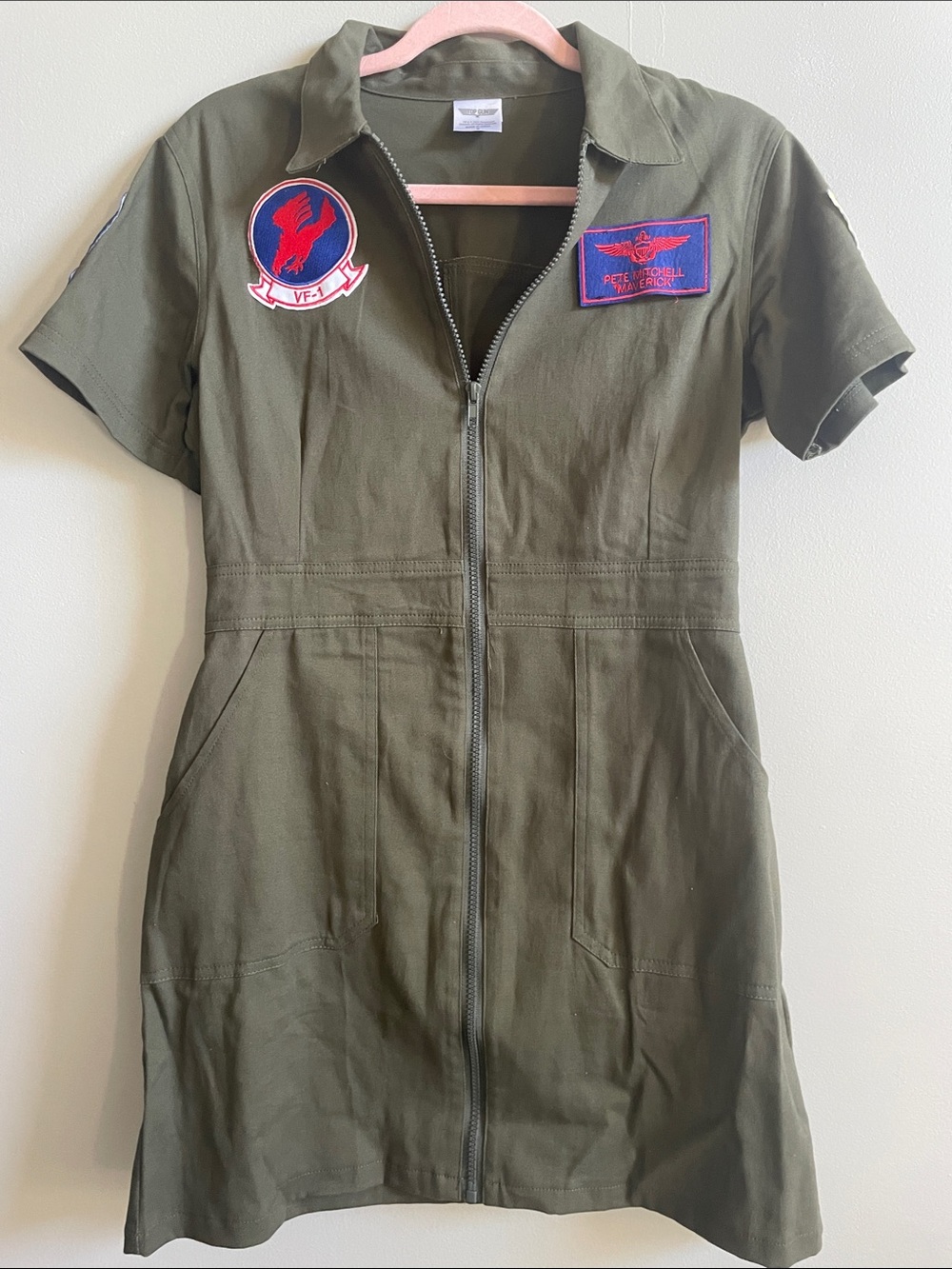 Top Gun mini dress-Olive Green Zip-Front with Patch Accents